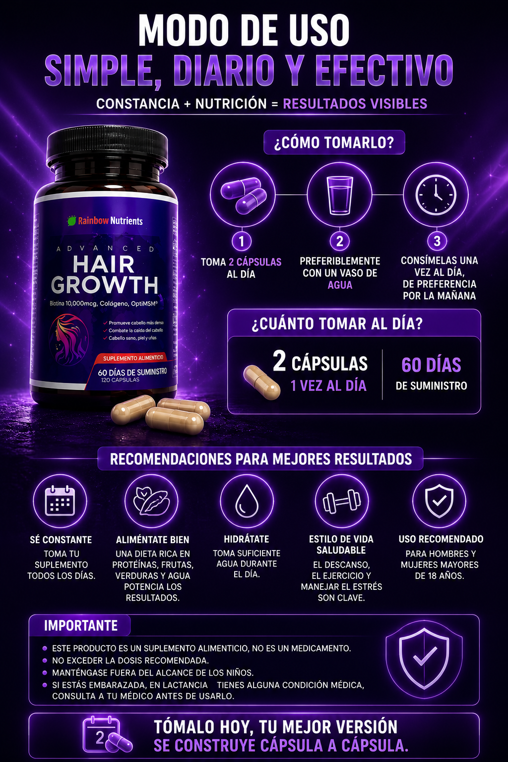 Suplemento Hair Growth 120 Capsulas - Suplemento para el Crecimiento y Fortalecimiento del Cabello