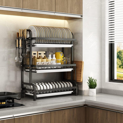 Organizador de Cocina 3 Pisos con Bandeja de Drenaje – Acero Inoxidable Negro