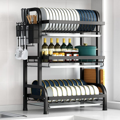 Organizador de Cocina 3 Pisos con Bandeja de Drenaje – Acero Inoxidable Negro