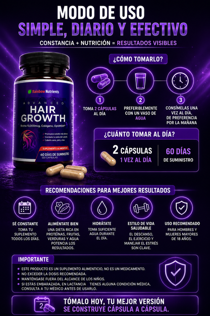Suplemento Hair Growth 120 Capsulas - Suplemento para el Crecimiento y Fortalecimiento del Cabello