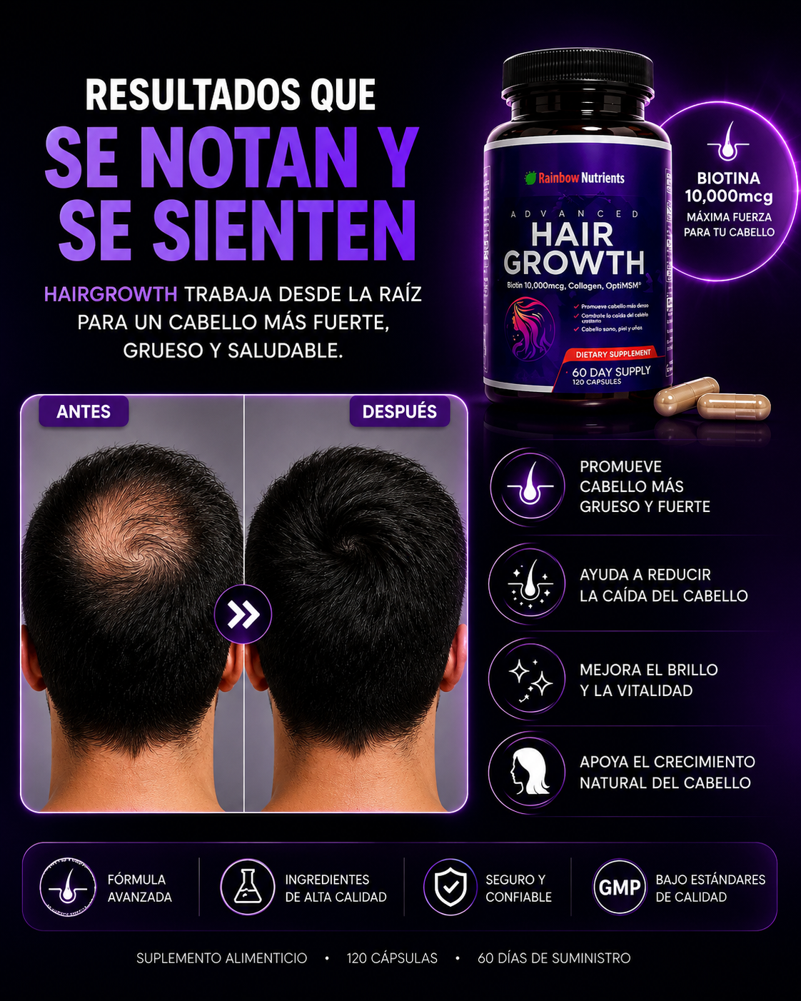 Suplemento Hair Growth 120 Capsulas - Suplemento para el Crecimiento y Fortalecimiento del Cabello