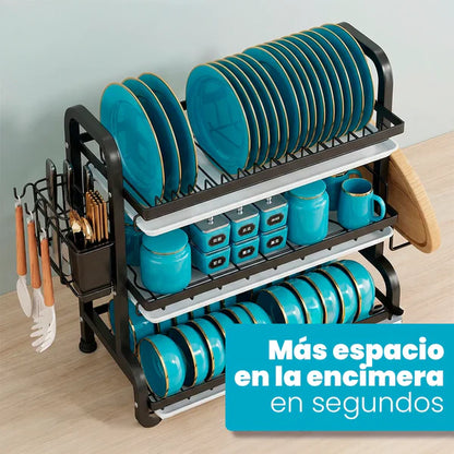Organizador de Cocina 3 Pisos con Bandeja de Drenaje – Acero Inoxidable Negro