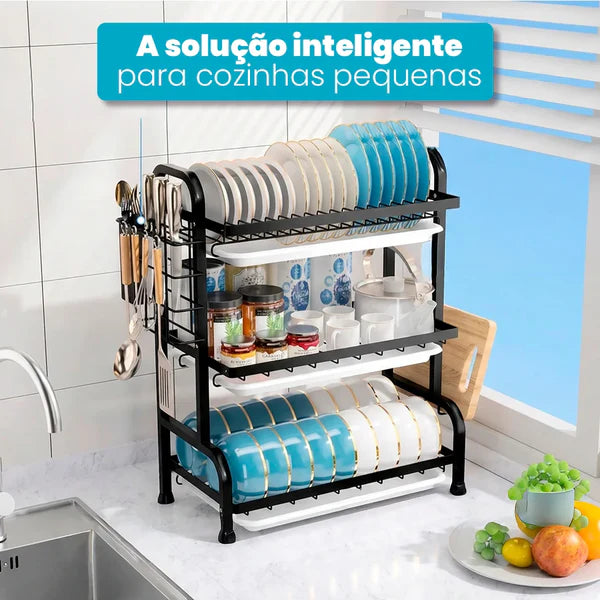 Organizador de Cocina 3 Pisos con Bandeja de Drenaje – Acero Inoxidable Negro